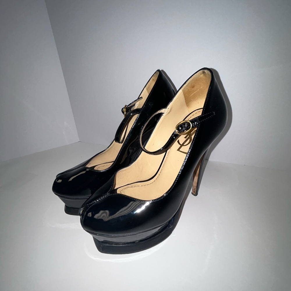 Yves Saint Laurent Peep Toe Platform Mary Jane Pumps in Black Patent Leather